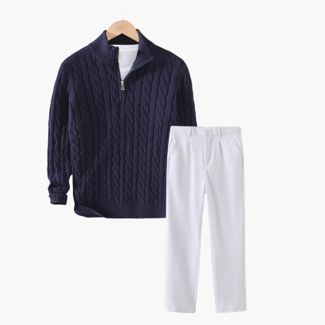 Men's Zipped Cable Sweater and Fitted Trousers Outfit