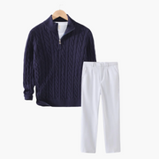 Men's Zipped Cable Sweater and Fitted Trousers Outfit