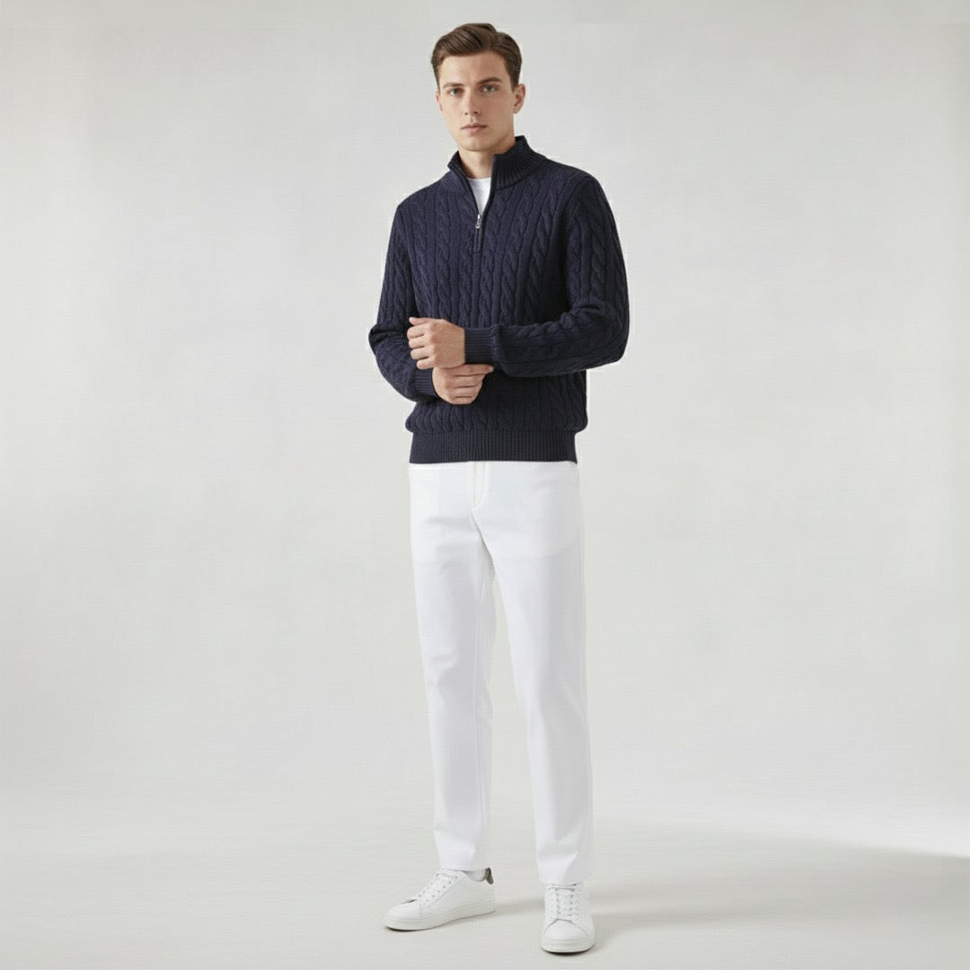 Men's Zipped Cable Sweater and Fitted Trousers Outfit