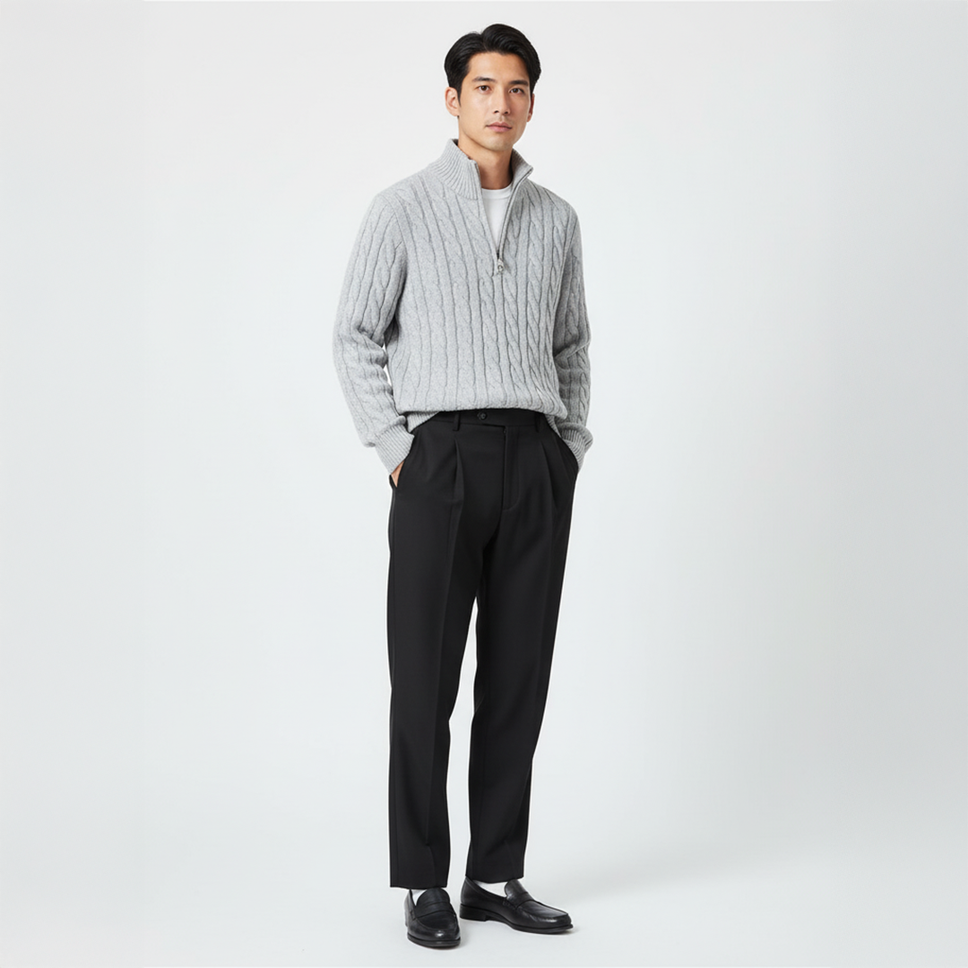 Men's Zipped Cable Sweater and Fitted Trousers Outfit