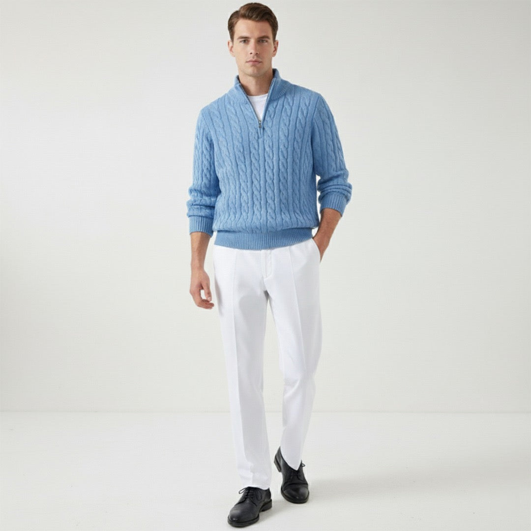 Men's Zipped Cable Sweater and Fitted Trousers Outfit