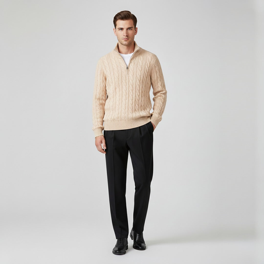 Men's Zipped Cable Sweater and Fitted Trousers Outfit