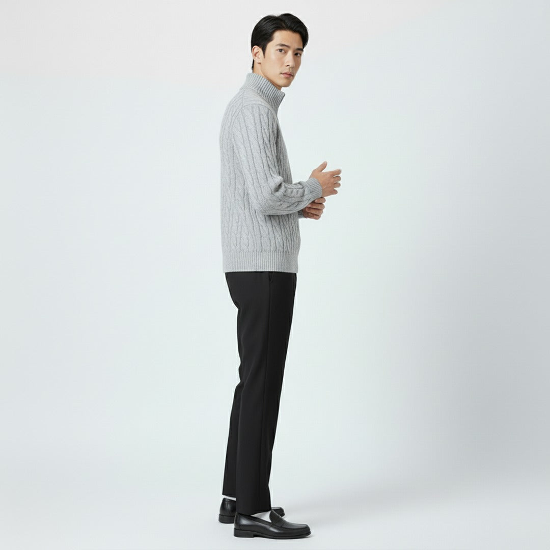 Men's Zipped Cable Sweater and Fitted Trousers Outfit