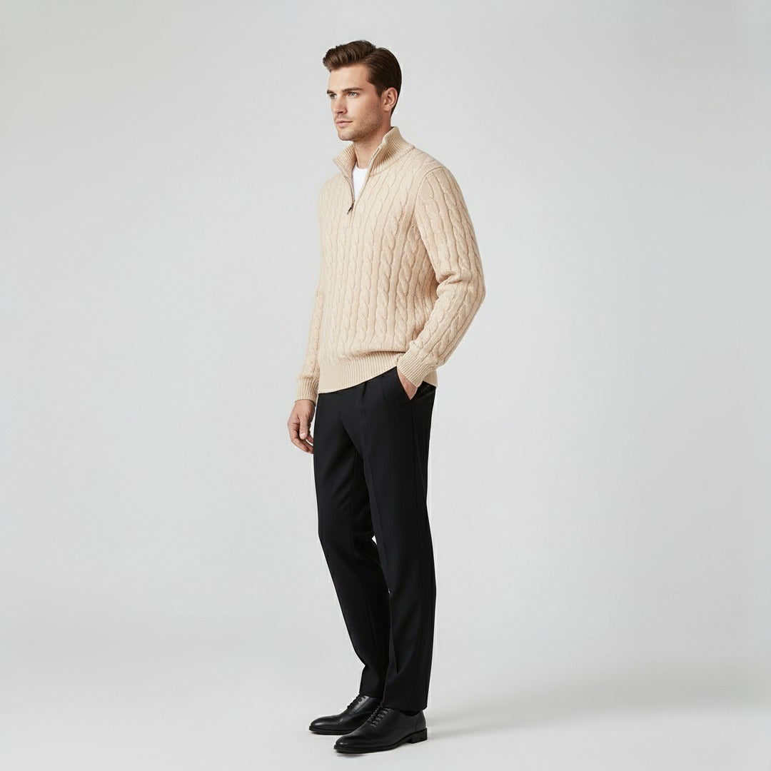 Men's Zipped Cable Sweater and Fitted Trousers Outfit