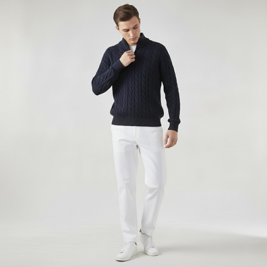 Men's Zipped Cable Sweater and Fitted Trousers Outfit