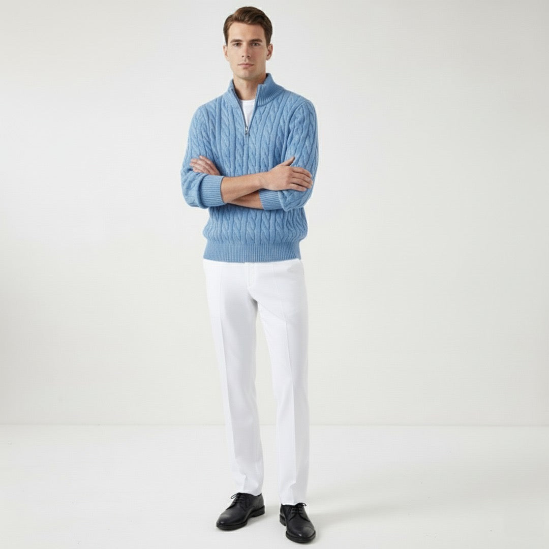 Men's Zipped Cable Sweater and Fitted Trousers Outfit