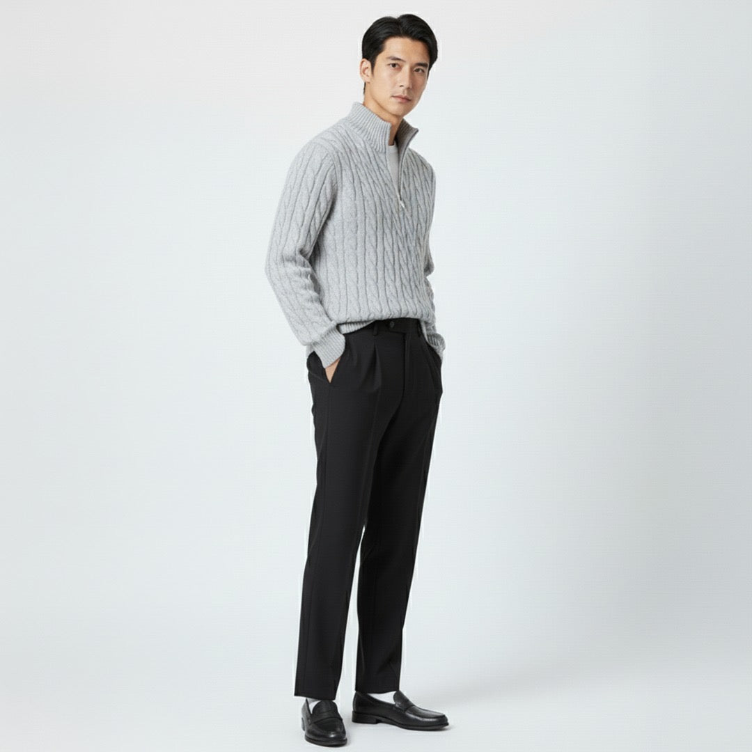 Men's Zipped Cable Sweater and Fitted Trousers Outfit