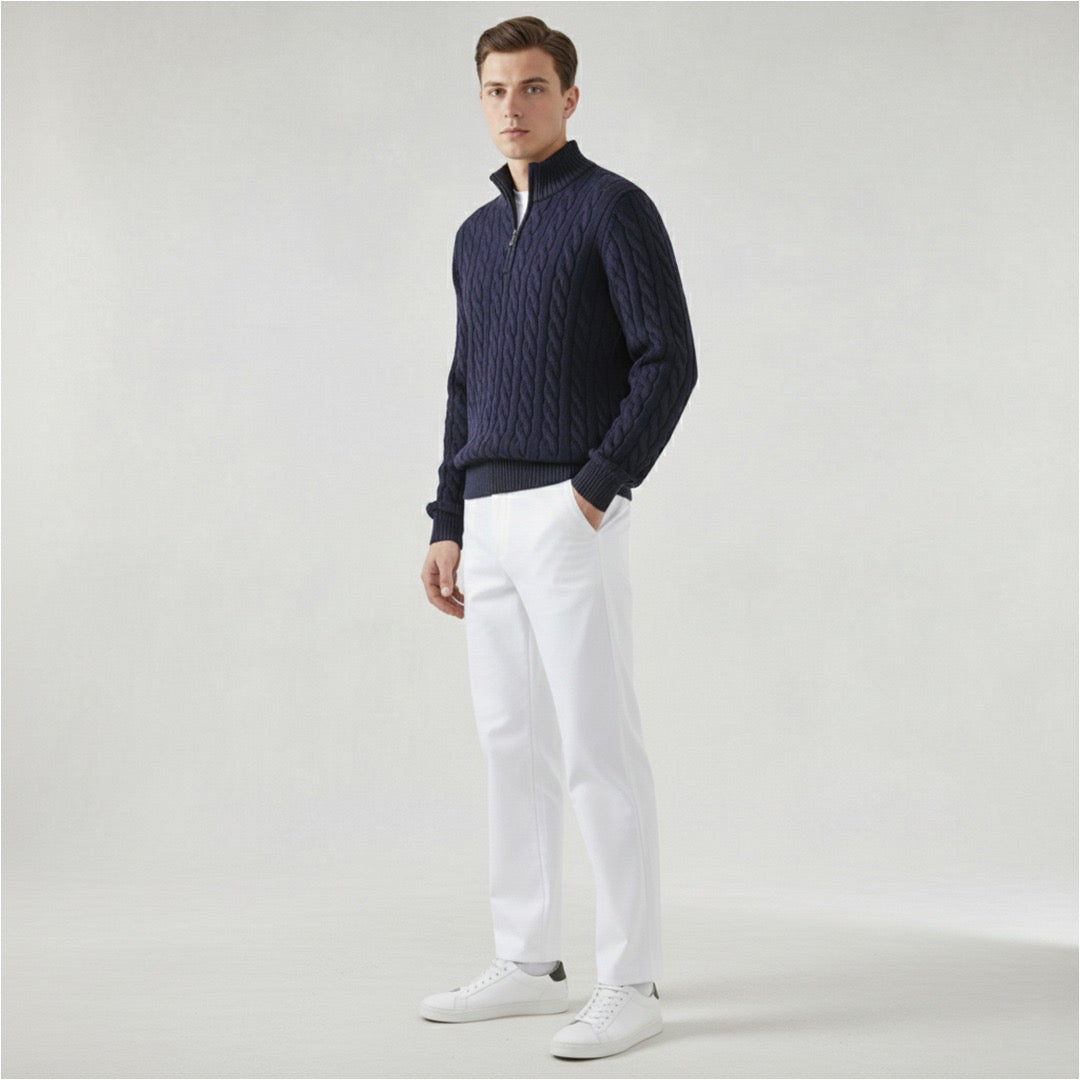 Men's Zipped Cable Sweater and Fitted Trousers Outfit
