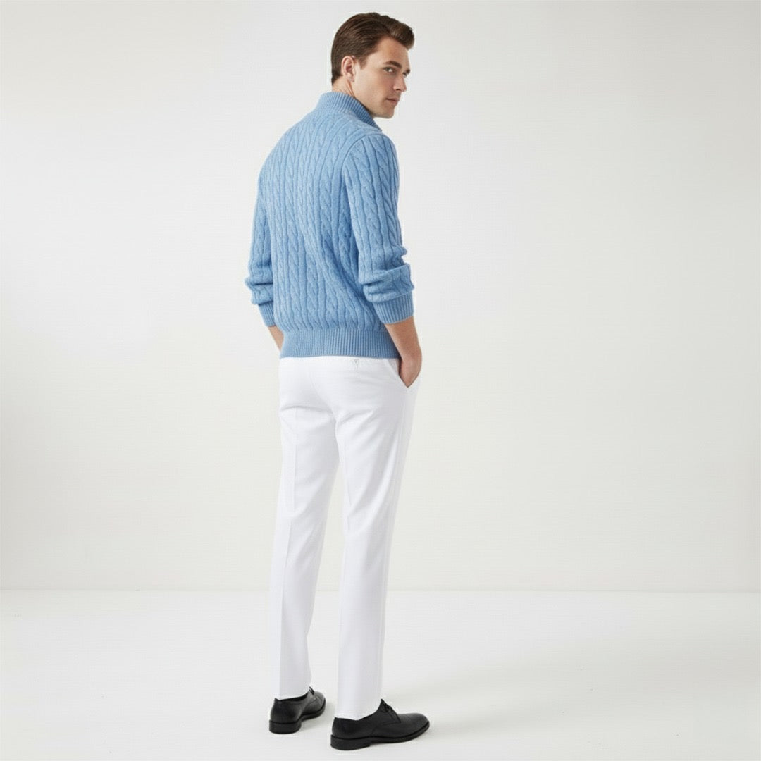 Men's Zipped Cable Sweater and Fitted Trousers Outfit