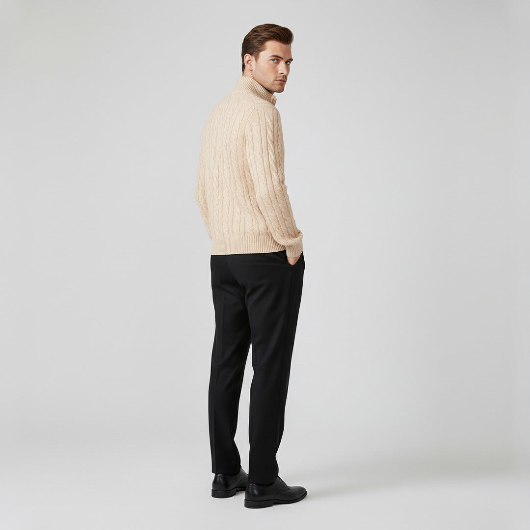 Men's Zipped Cable Sweater and Fitted Trousers Outfit
