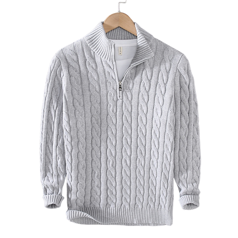 Men's Zipped Cable Sweater and Fitted Trousers Outfit