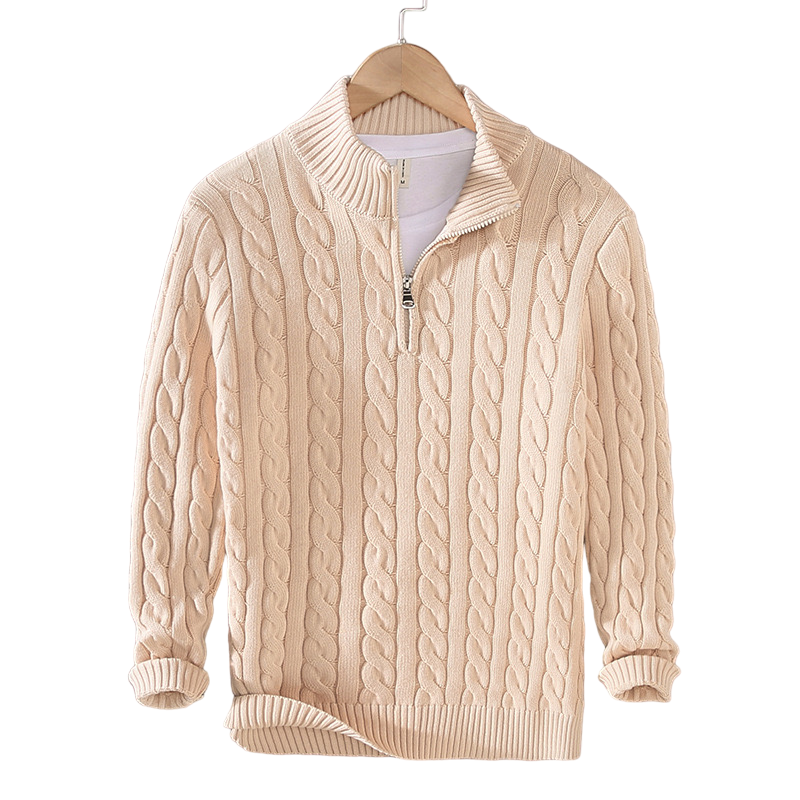 Men's Zipped Cable Sweater and Fitted Trousers Outfit