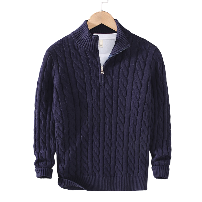 Men's Zipped Cable Sweater and Fitted Trousers Outfit