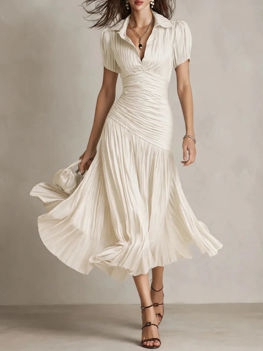Women's Draped Midi Dress with Lapel Collar