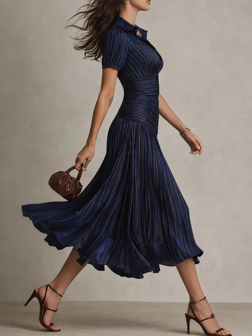 Women's Draped Midi Dress with Lapel Collar