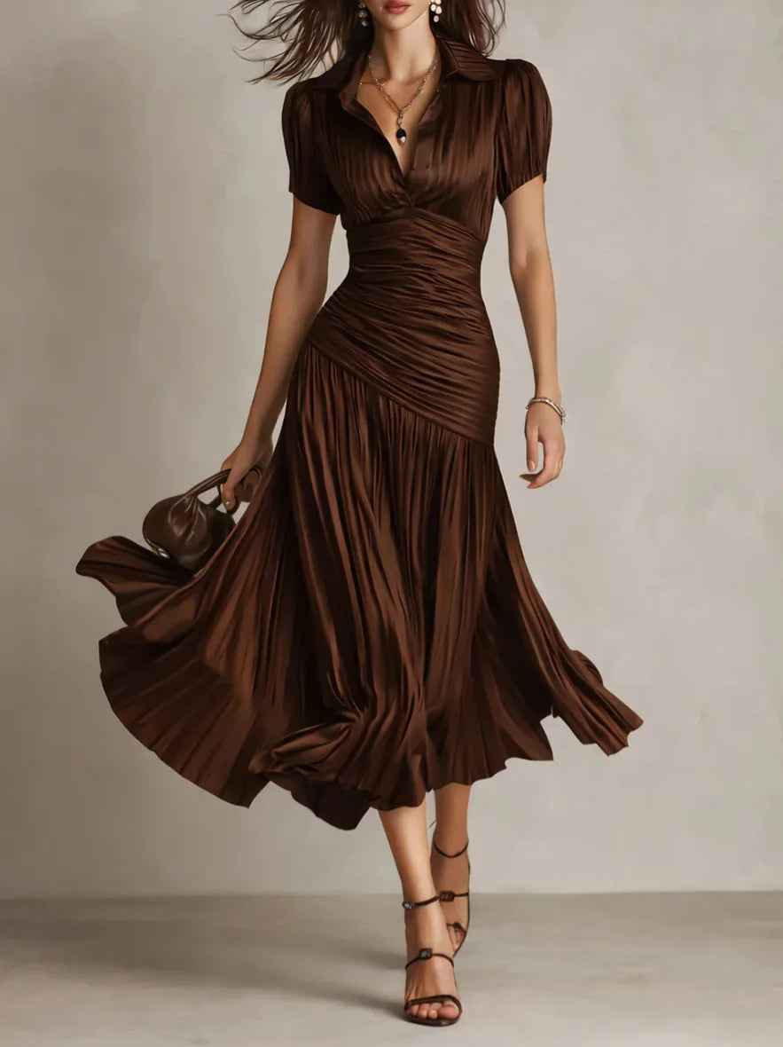 Women's Draped Midi Dress with Lapel Collar