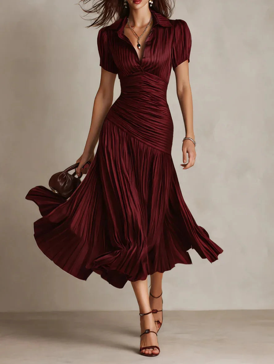Women's Draped Midi Dress with Lapel Collar