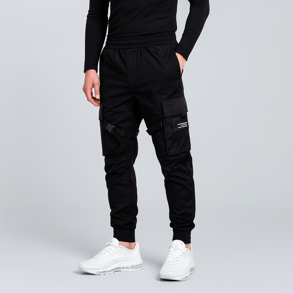 Bluzeo | Adjustable black cargo pants with multi-directional pockets