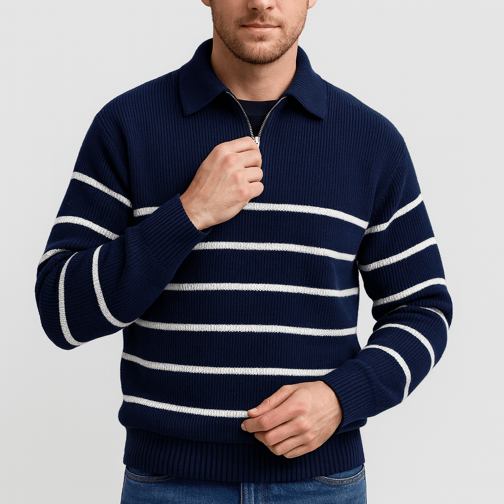 Bluzeo | Nautical stripe wool sweater with half-length zipper