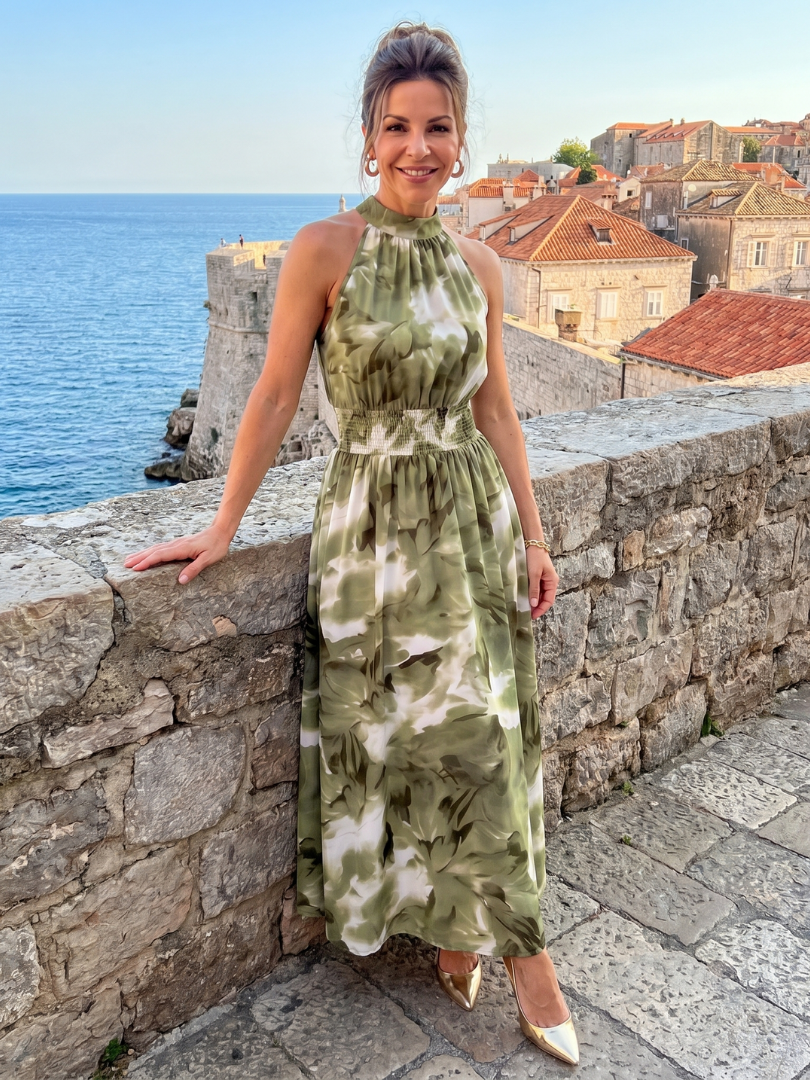 Women's Abstract Print Backless Midi Dress