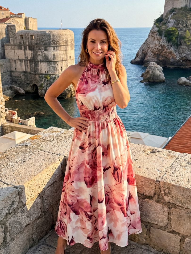Women's Abstract Print Backless Midi Dress