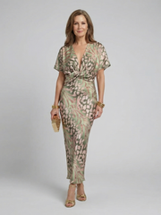 Women's Abstract Print Midi Dress with V-Neckline