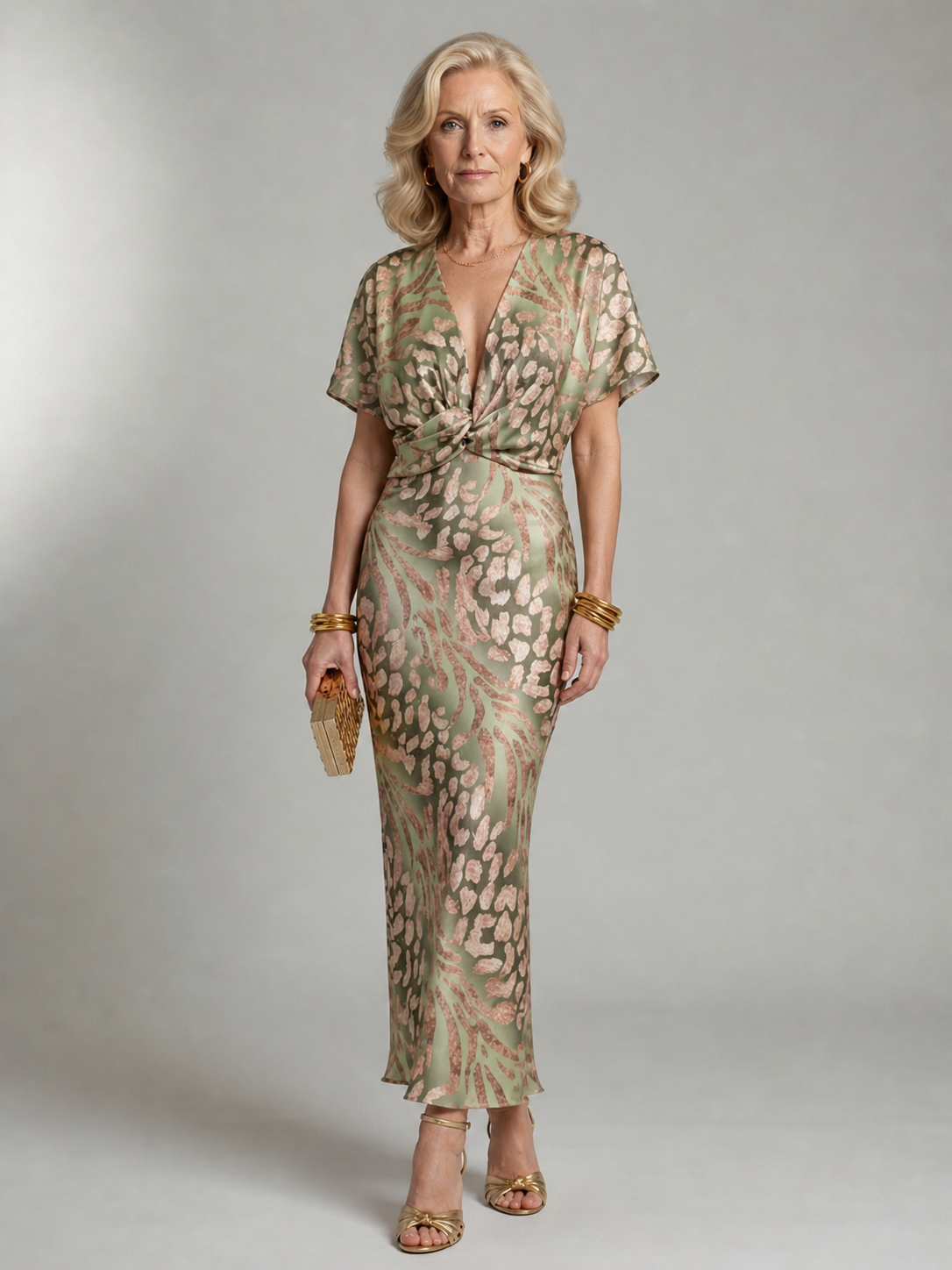 Women's Abstract Print Midi Dress with V-Neckline