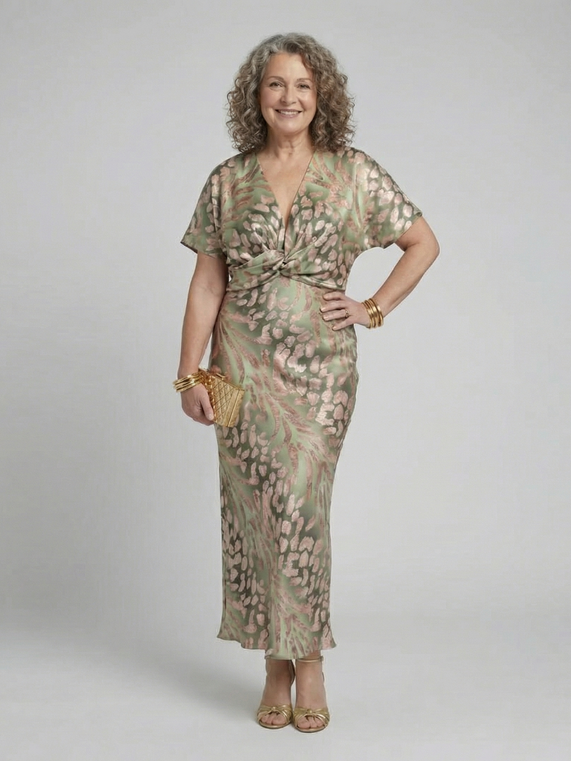Women's Abstract Print Midi Dress with V-Neckline