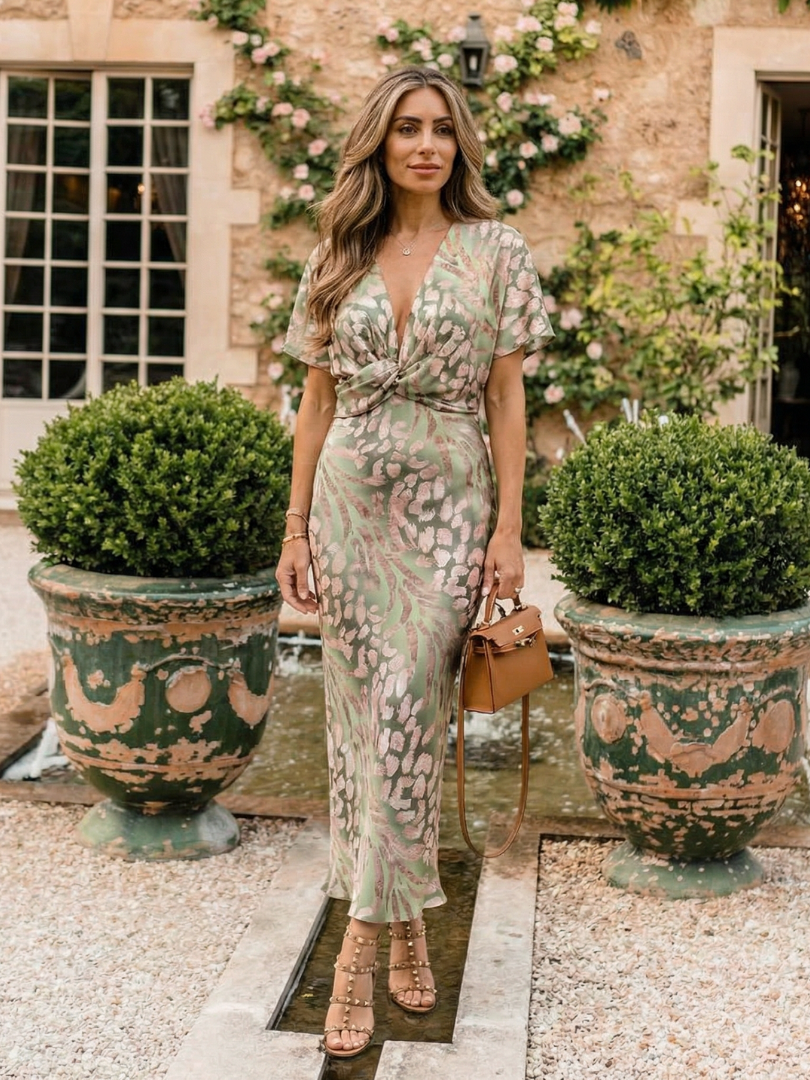 Women's Abstract Print Midi Dress with V-Neckline