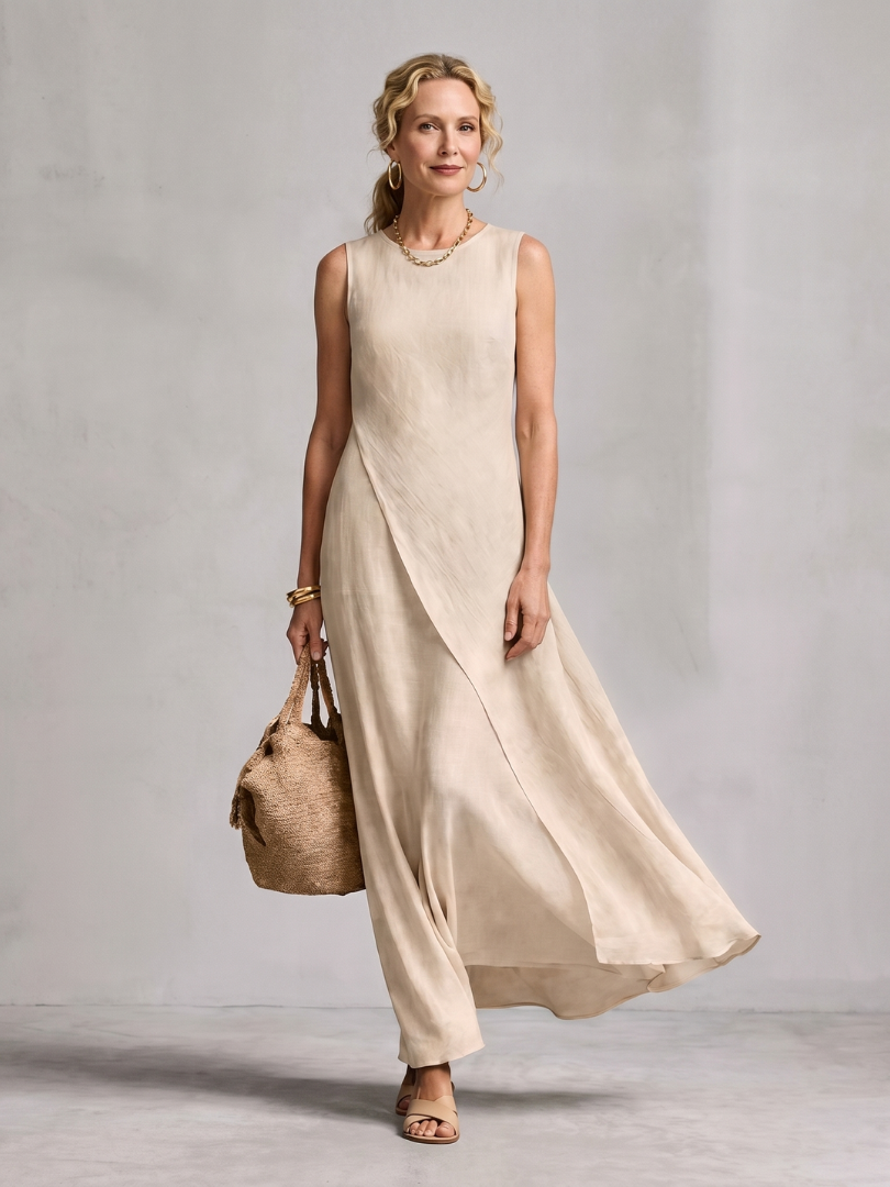 Women's Asymmetric Layered Round Neck Maxi Dress