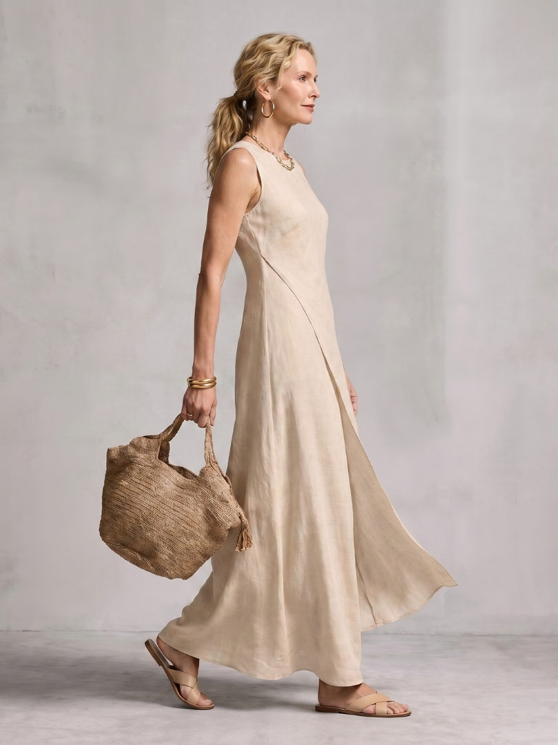 Women's Asymmetric Layered Round Neck Maxi Dress