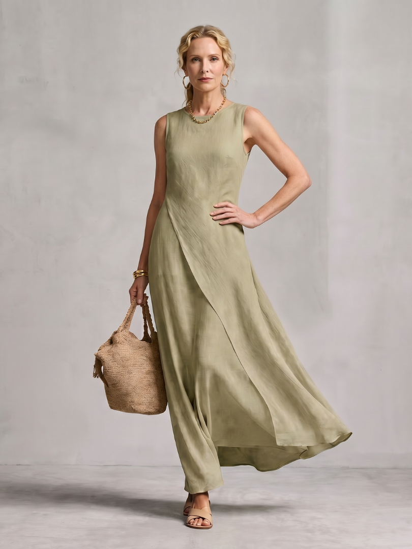 Women's Asymmetric Layered Round Neck Maxi Dress