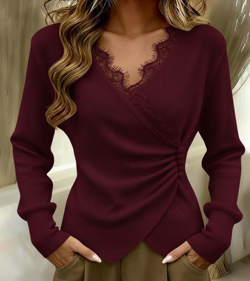 Women's Asymmetrical Bow V-Neck Knit Top with Lace Trim and Elegant Fit
