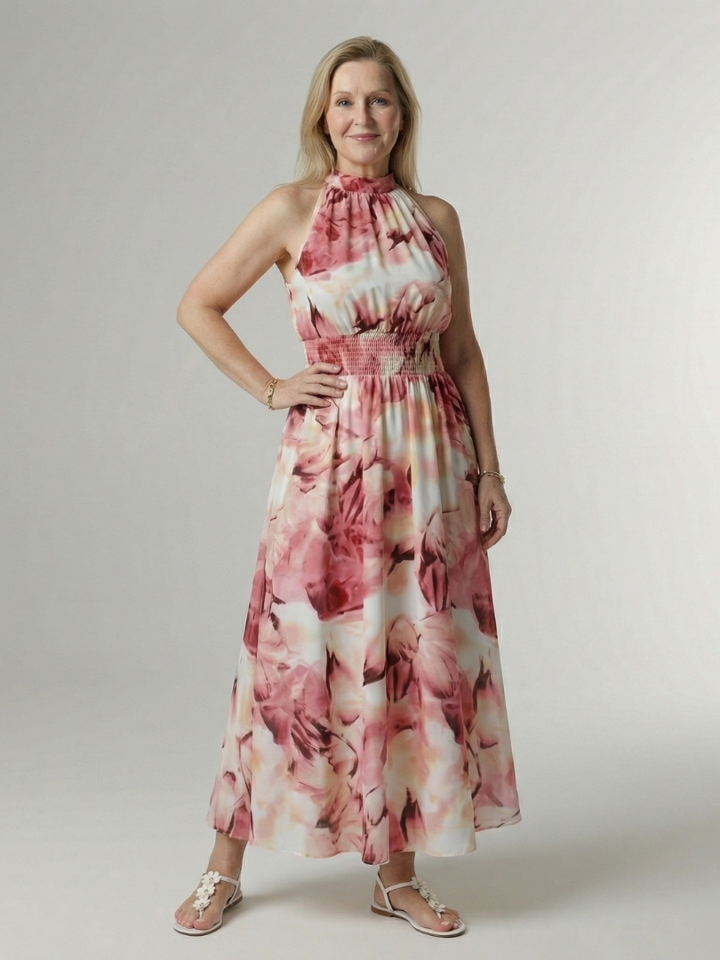 Women's Backless Midi Dress with Ruched Waist