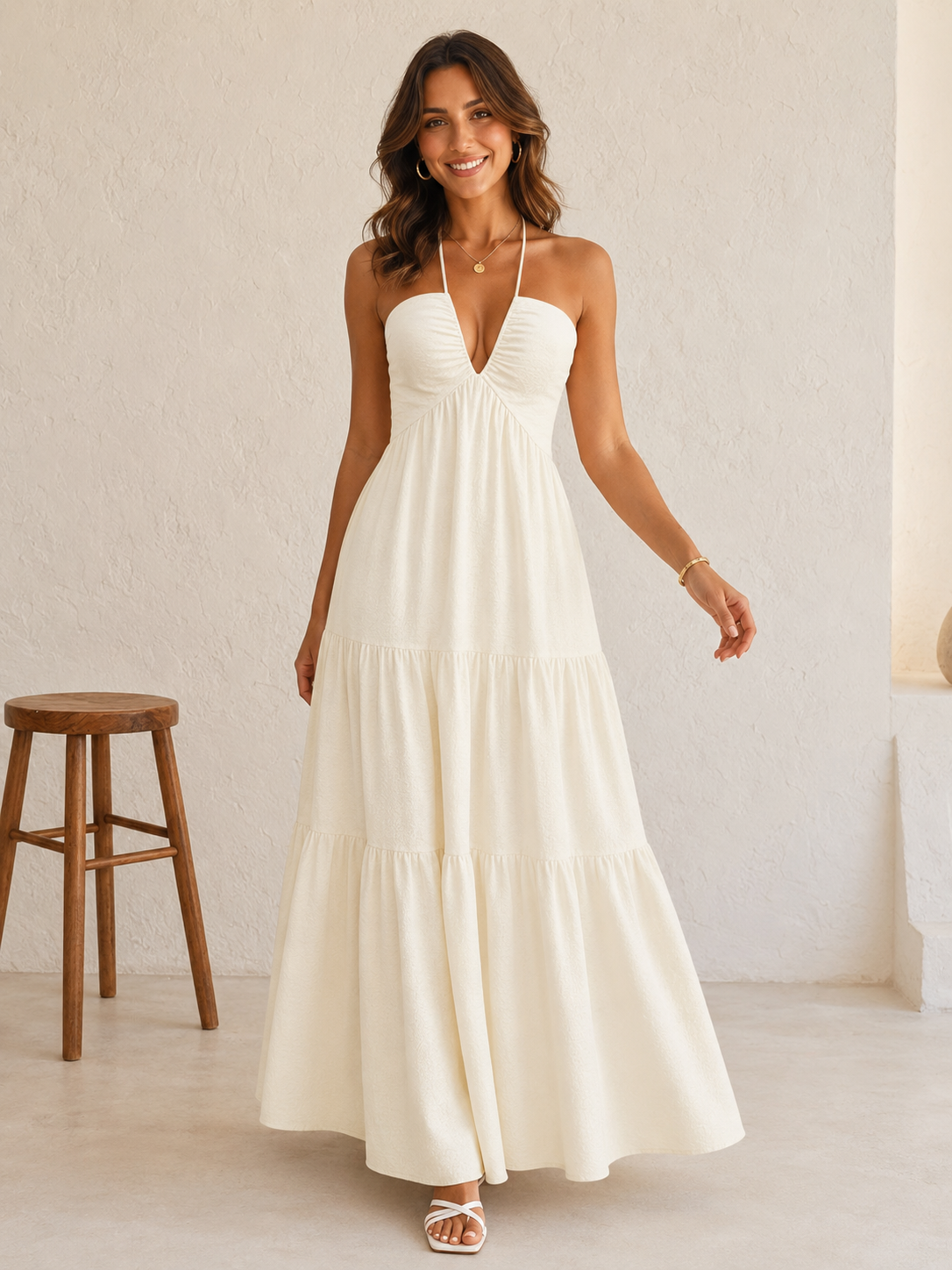 Women's Backless Tiered Midi Dress with Decorative Bow