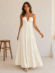 Women's Backless Tiered Midi Dress with Decorative Bow