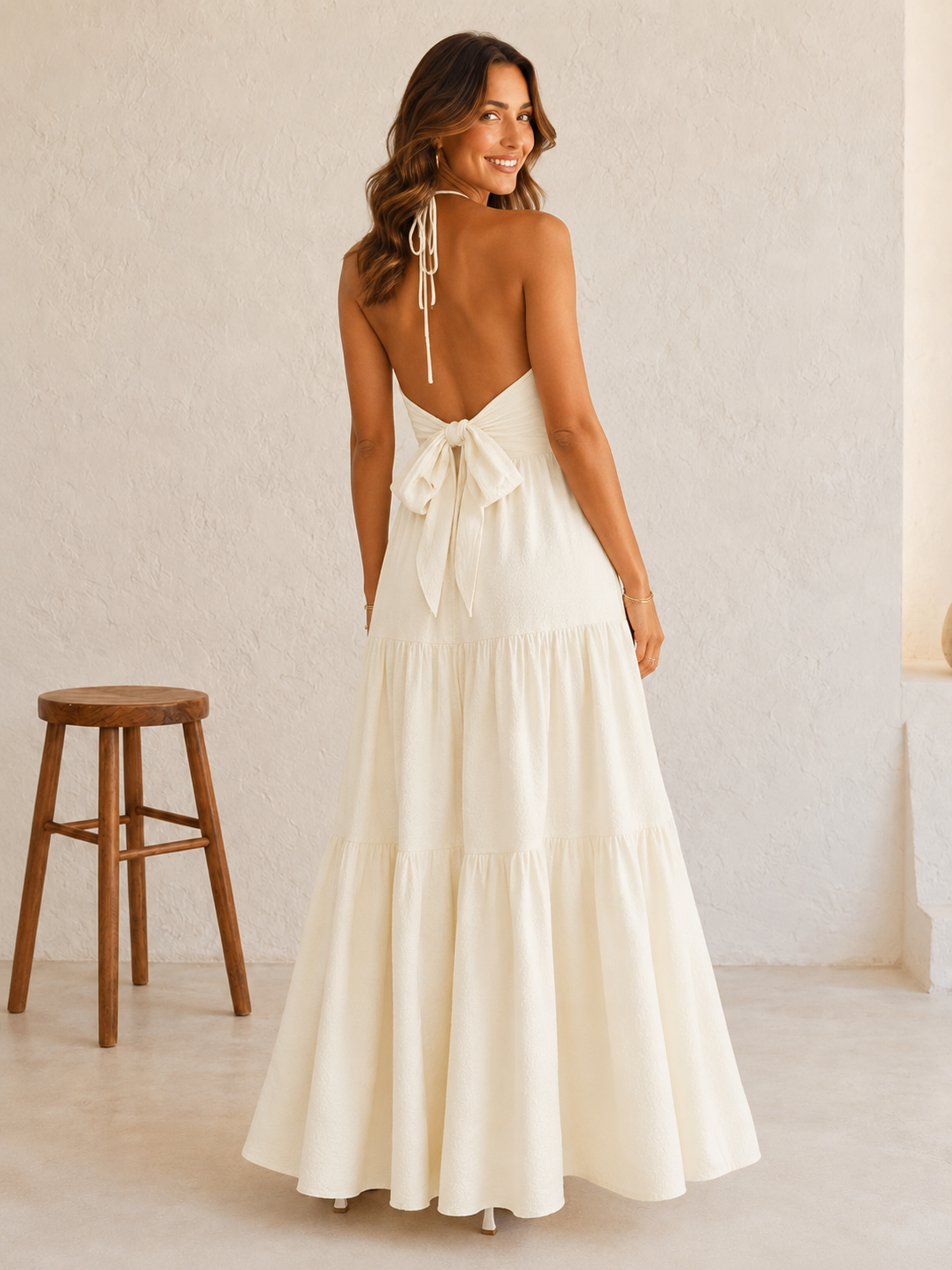 Women's Backless Tiered Midi Dress with Decorative Bow