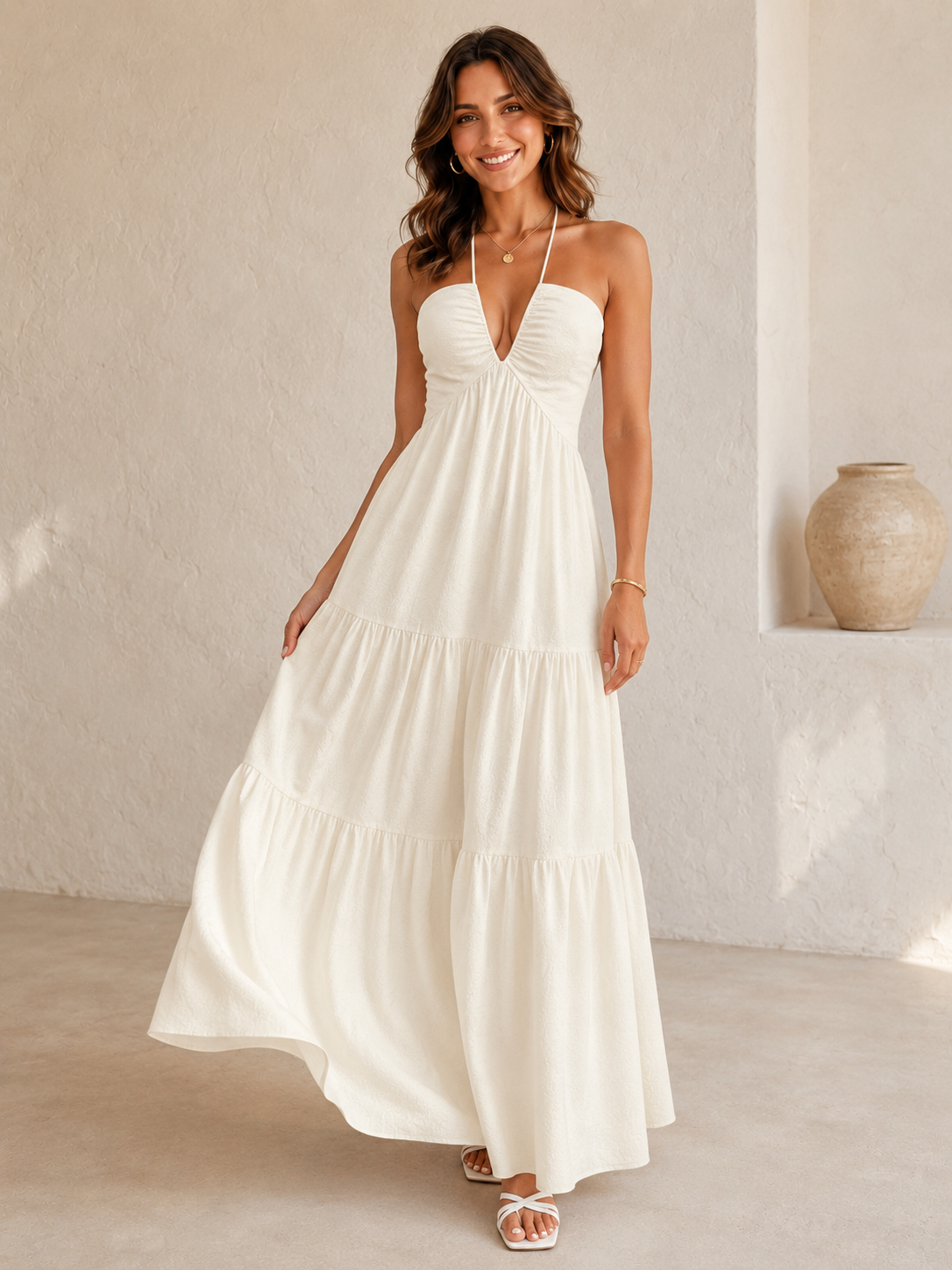 Women's Backless Tiered Midi Dress with Decorative Bow