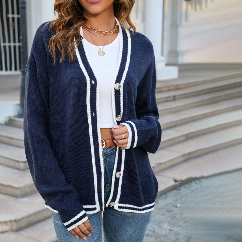 Women's Black Cardigan Sweater with Contrast Trim and Relaxed Fit