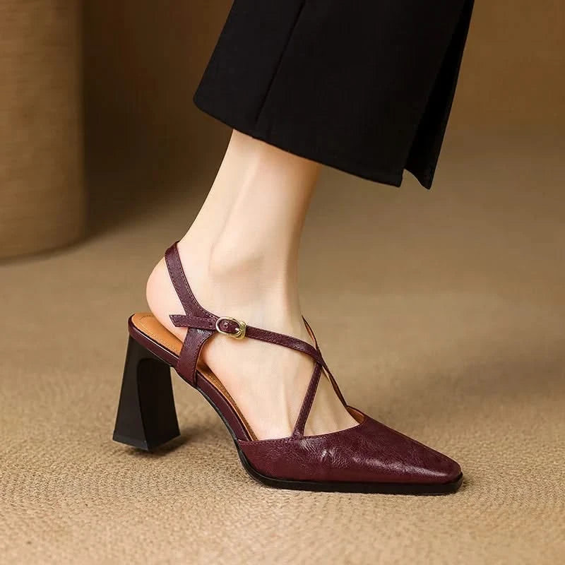 Women's T-Strap Heels in Genuine Leather with Block Heel