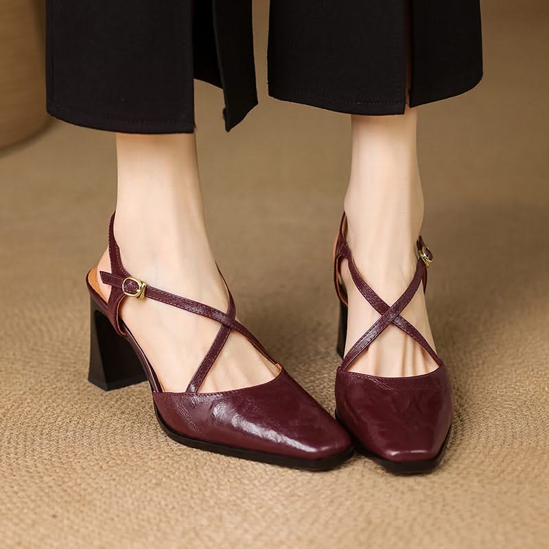 Women's T-Strap Heels in Genuine Leather with Block Heel