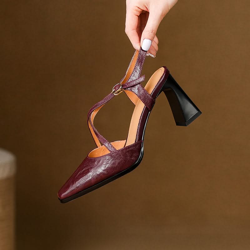 Women's T-Strap Heels in Genuine Leather with Block Heel