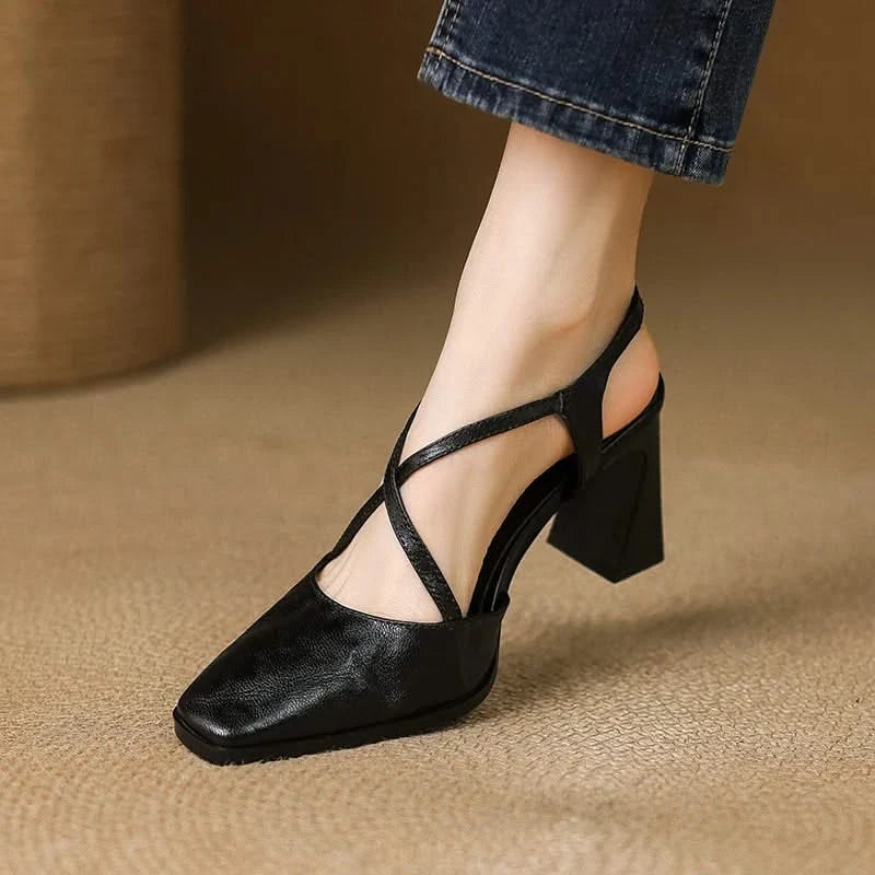 Women's T-Strap Heels in Genuine Leather with Block Heel