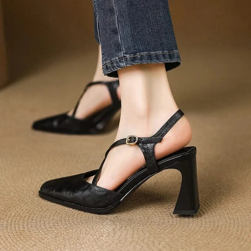 Women's T-Strap Heels in Genuine Leather with Block Heel