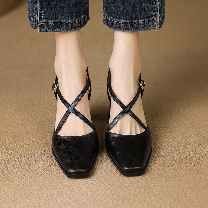 Women's T-Strap Heels in Genuine Leather with Block Heel