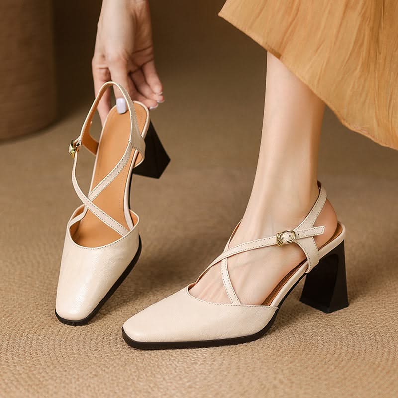 Women's T-Strap Heels in Genuine Leather with Block Heel