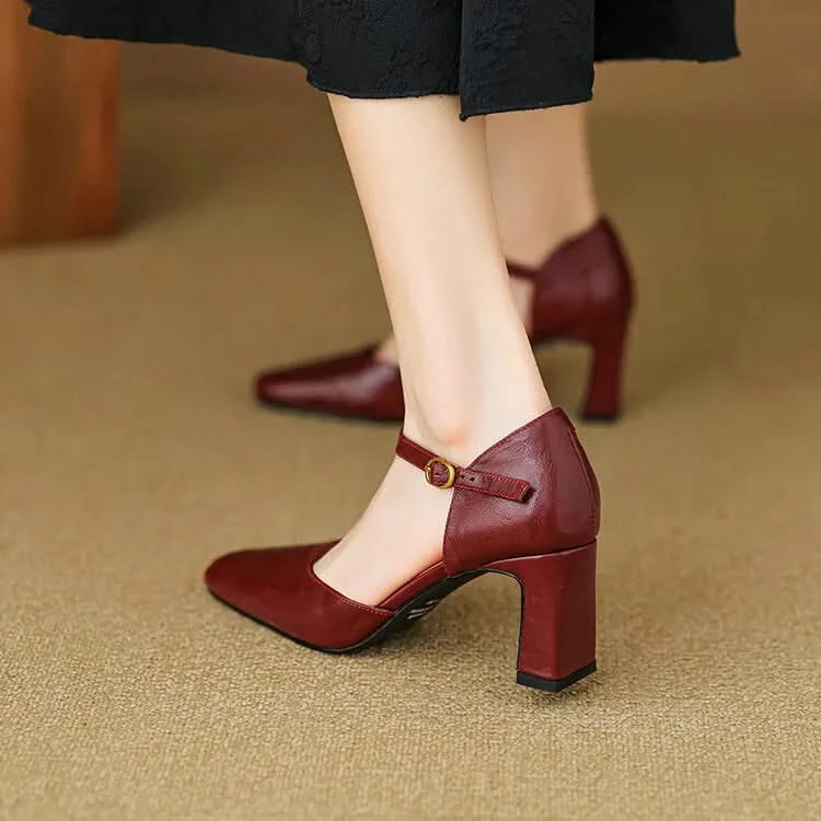Women's Pointed Toe Pumps with Ankle Strap in Genuine Leather
