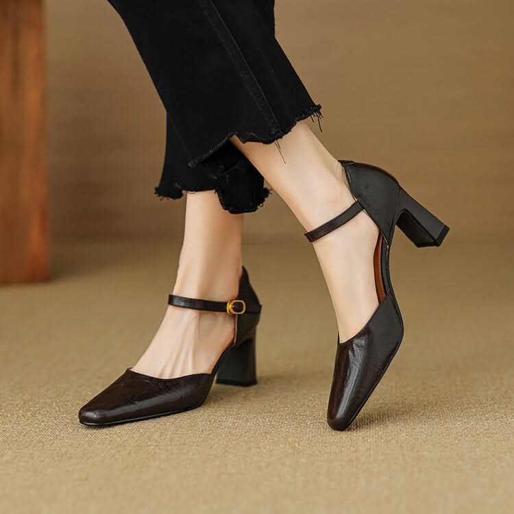 Women's Pointed Toe Pumps with Ankle Strap in Genuine Leather