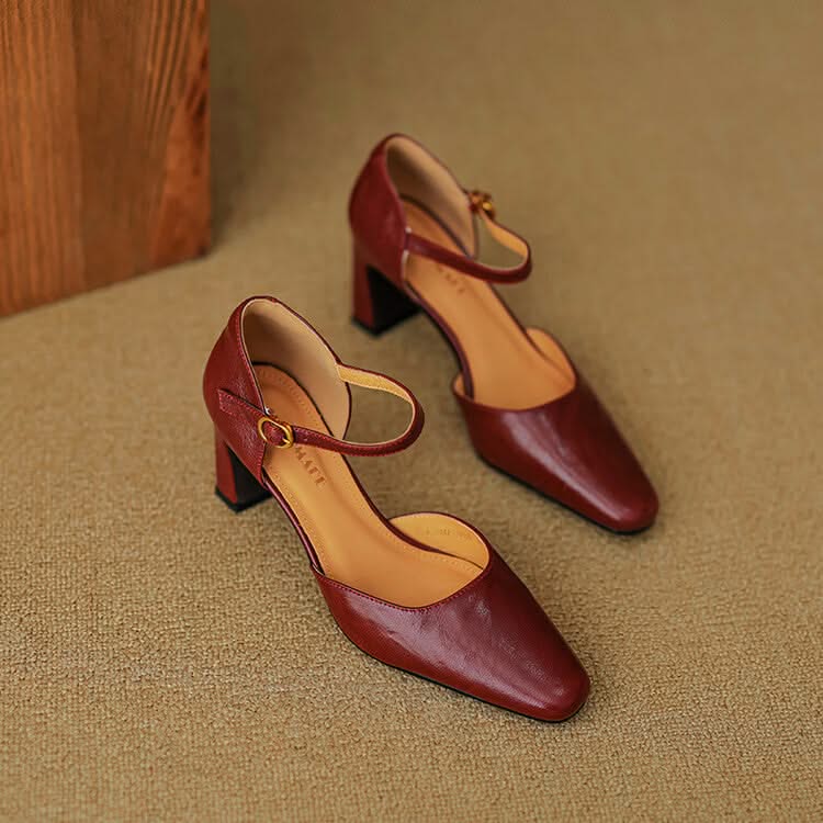 Women's Pointed Toe Pumps with Ankle Strap in Genuine Leather