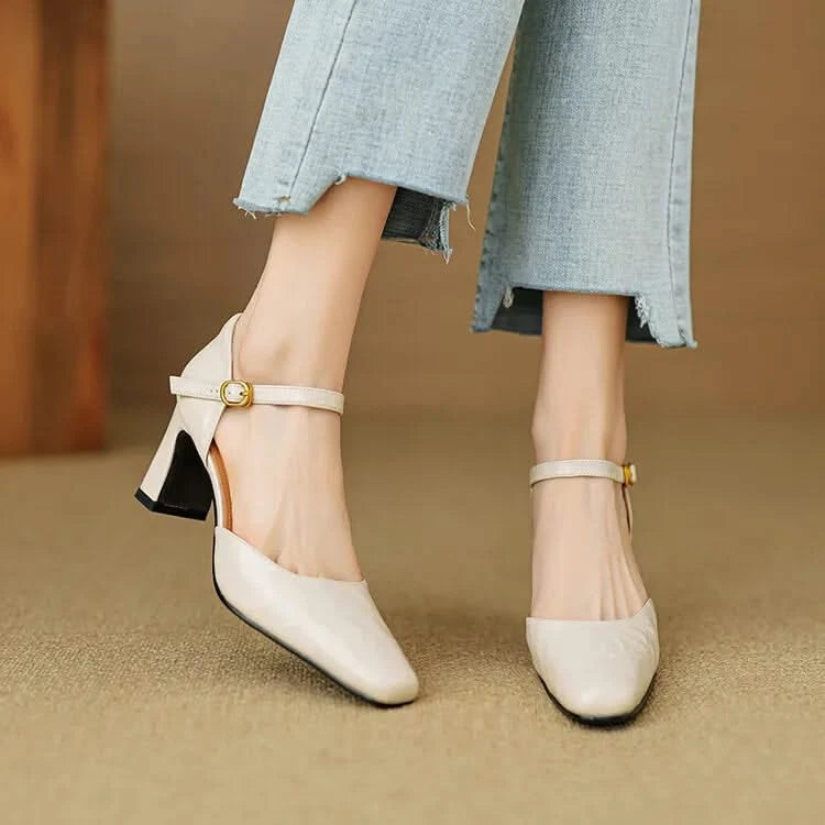 Women's Pointed Toe Pumps with Ankle Strap in Genuine Leather